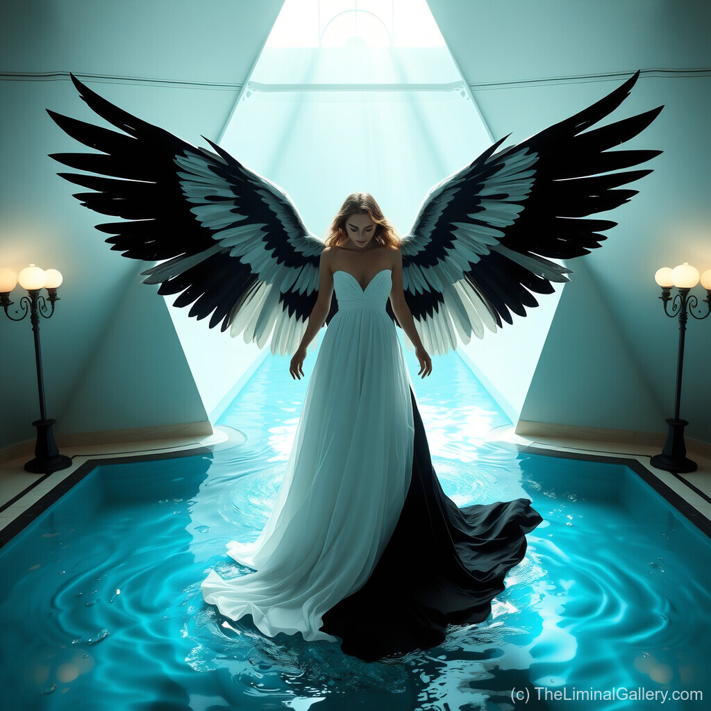 A celestial angel radiates balanced grace, embodying the duality of light and shadow in divine harmony.